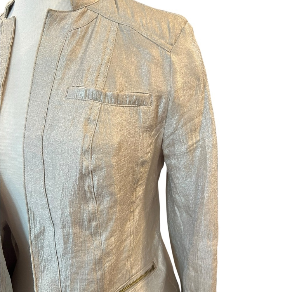 Chico’s Foiled Linen Gold Shimmer Lightweight Jacket Blazer Zip Closure Small - Picture 4 of 12